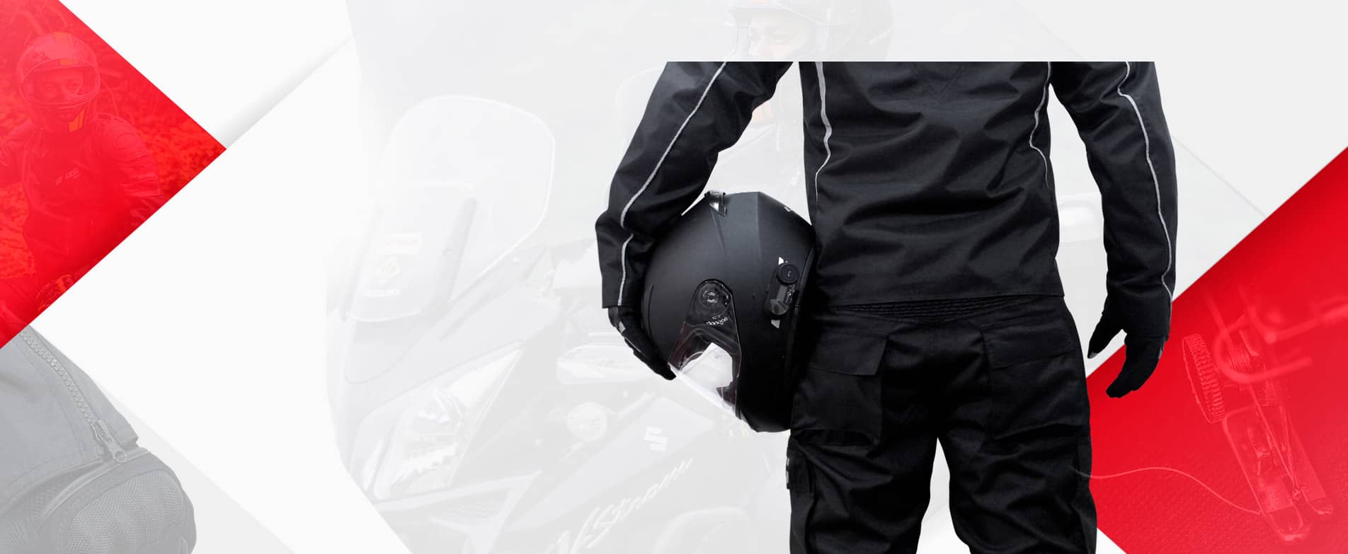 Motorizado con traje de protecci&oacute;n y casco junto a su moto
