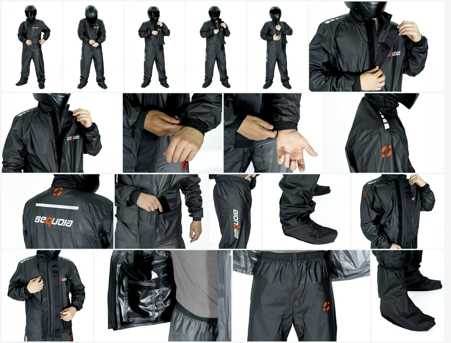 Catálogo completo impermeable Sequoia Speed todas las vistas y detalles del traje negro para moto