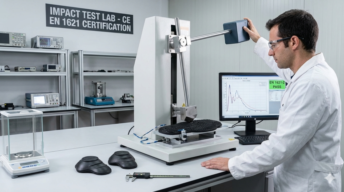 Laboratorio de ensayo de impacto CE EN 1621 — certificación de protecciones para moto